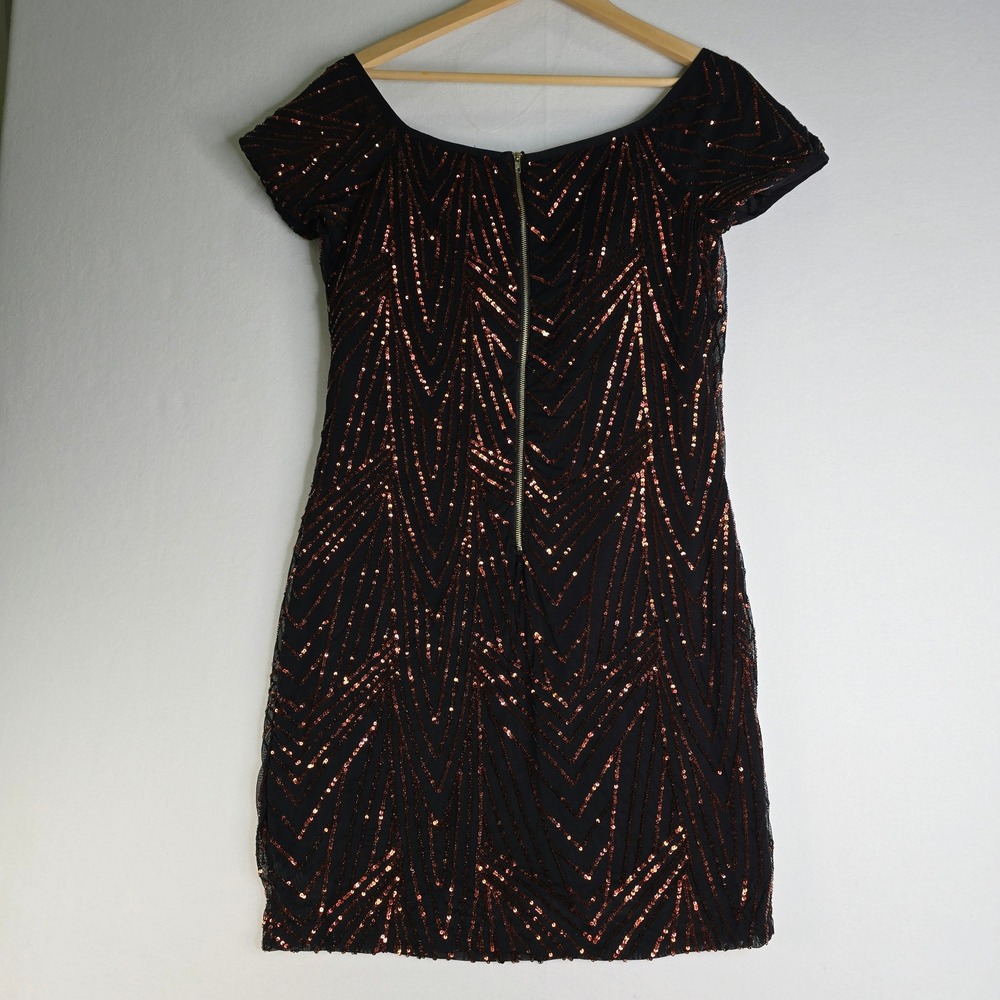 Iris Black Copper Sequin Chevron Bodycon Mini Dress Short Sleeve Medium - Picture 3 of 9